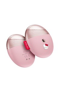 Dispositif ovale rose avec un dessus rond et transparent. Présente un petit design de Hello Kitty et un onglet rouge étiqueté "GESKE". Texture lisse, design moderne.