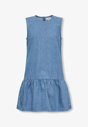 Modra jeans obleka brez rokavov z navpičnimi belimi črtami, okrogel izrez, zadrga na zadnji strani in nabran rob z volančki.