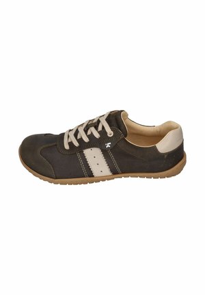 Dark brown casual sneaker with white laces, white side stripe, beige heel, and light brown rubber sole, shown from the outer side.