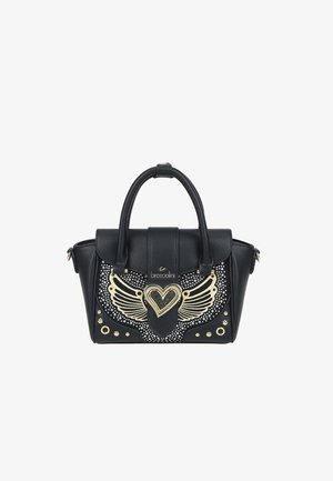 Borsa nera con due manici, design dorato a forma di ala e cuore sul davanti, decorazioni con borchie e nome del marchio Braccialini.