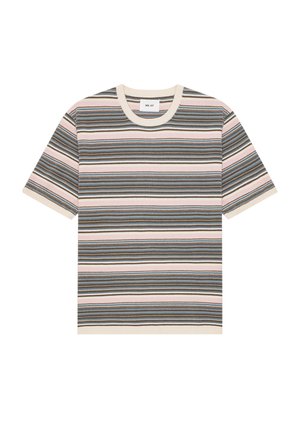 Kurzärmliges Strick-T-Shirt mit horizontalen Streifen in Creme, Pink, Braun und Blau, mit Rundhalsausschnitt und gerippten Kanten.