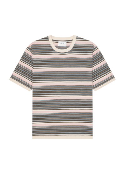 Kurzärmliges Strick-T-Shirt mit horizontalen Streifen in Creme, Pink, Braun und Blau, mit Rundhalsausschnitt und gerippten Kanten.