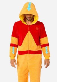 Red and yellow fleece onesie with a hoodie, featuring blue arrow accents, a zip front, and a triangular design on the chest.