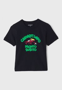 Black cotton t-shirt with short sleeves, featuring a colorful graphic of a cartoon character and text "CARHARTT WIP PRONTO SUBITO" in green and red.
