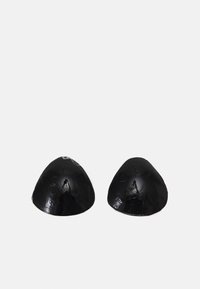 Black silicone bra inserts with a smooth surface, conical shape, and curved edges, designed to enhance bust size and shape.