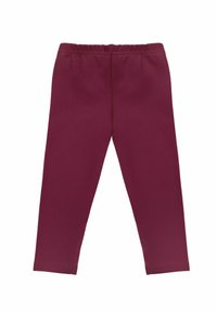 Bordowe legginsy z elastycznym pasem, dopasowanym krojem i gładką tkaniną. Brak widocznych wzorów i detali metalowych.