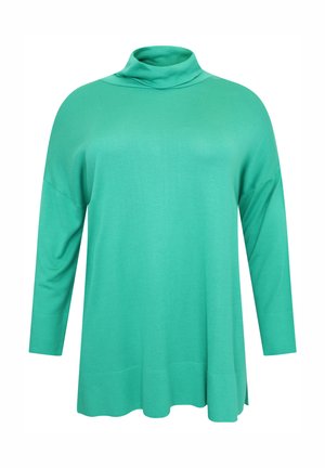 Langärmeliges Rollkragenoberteil aus leuchtend grünem Stoff. Glatte Textur mit lockerem Schnitt und seitlichen Schlitzen am Saum für mehr Bewegungsfreiheit.