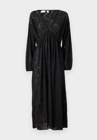 Μαύρο φόρεμα με μακριά μανίκια, βαθύ V-ντεκολτέ, gathered μέση και υφασμάτινη υφή πο�υ διαθέτει διακριτό floral σχέδιο. Κομψή, ρέουσα σιλουέτα.