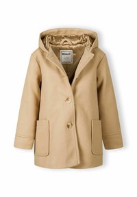 Bežový kabát z vlnenej zmesi s kapucňou, dvoma prednými vreckami, zapínaním na gombíky a hladkým podšívkou. Jednoduchý dizajn s upraveným strihom.