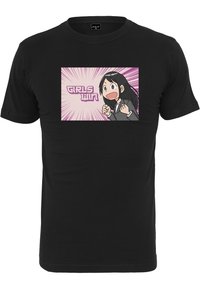 Schwarzes T-Shirt mit einem bunten Grafikmotiv eines Charakters, pinkem Hintergrund mit einem Ausbruch und dem Text "GIRLS WIN" in lila Schrift.