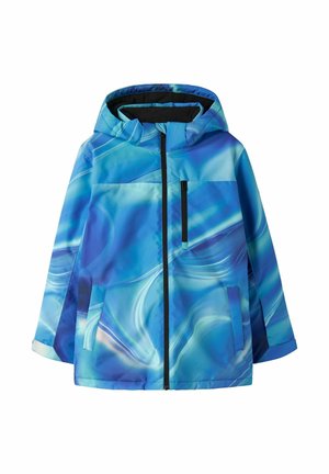 Veste à capuche bleue avec fermeture éclair noire et poche poitrine, avec un motif tourbillonnant ressemblant à de l'eau et deux poches latérales.
