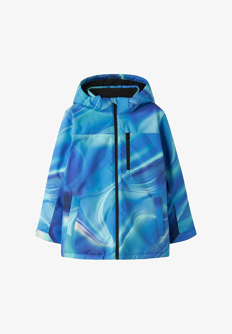 Veste à capuche bleue avec fermeture éclair noire et poche poitrine, avec un motif tourbillonnant ressemblant à de l'eau et deux poches latérales.