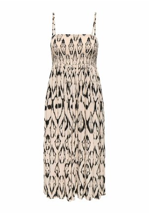 Šaty s černobílým vzorem, s nastavitelnými špagetovými ramínky, na nařaseném korzetu a s volnou sukní, vyrobené z lehkého materiálu.