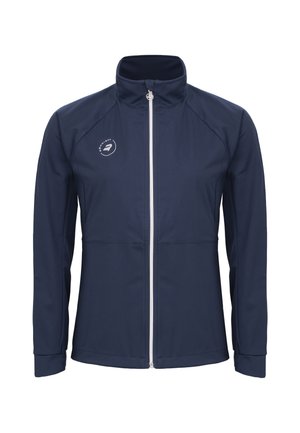 Giacca blu navy con zip intera e colletto alto, con cerniera bianca e piccolo logo bianco sul petto a sinistra.