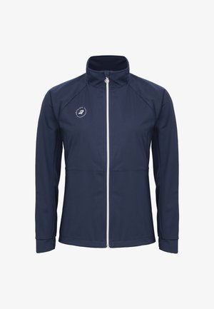 Giacca blu navy con zip intera e colletto alto, con cerniera bianca e piccolo logo bianco sul petto a sinistra.