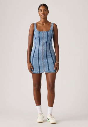 Denim minikjole med en figursyet silhuet, firkantet halsudskæring og lynlås foran. Lyseblå med lodrette striber og en glat tekstur.