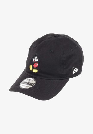 Black cotton baseball cap featuring an embroidered Mickey Mouse design in red, yellow, and black, with a flat brim and adjustable strap.