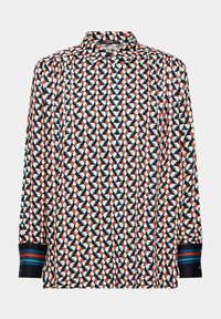 Long-sleeve shirt in patterned fabric with red, white, and navy colors. Features a classic collar and striped accents on cuffs.