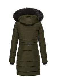 Olivengrüner Puffer-Mantel mit abnehmbarem schwarzen Kunstfellkragen, gerippten Bündchen und horizontalen Nähten für Isolierung und Stabilität.