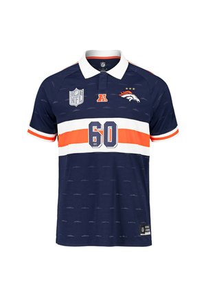 Polo bleu marine des Denver Broncos avec col blanc, rayures horizontales orange et blanches, numéro 60 et logos NFL sur la poitrine.