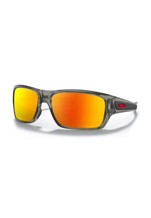 Gafas de sol deportivas rectangulares con montura gris translúcida oscura y lentes reflectantes naranja-amarillas, con un pequeño logo rojo en el lateral.