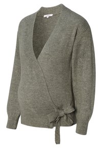 Grauer Wickelpullover mit V-Ausschnitt, langen Ärmeln und einer Bindung am Bund. Hergestellt aus weichem Strickstoff mit texturierter Oberfläche.