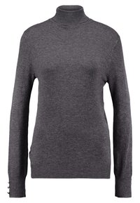 Pull à col roulé gris charbon, tissu tricoté, coupe ajustée, manches longues avec boutons décoratifs aux poignets, ourlet et col côtelés.