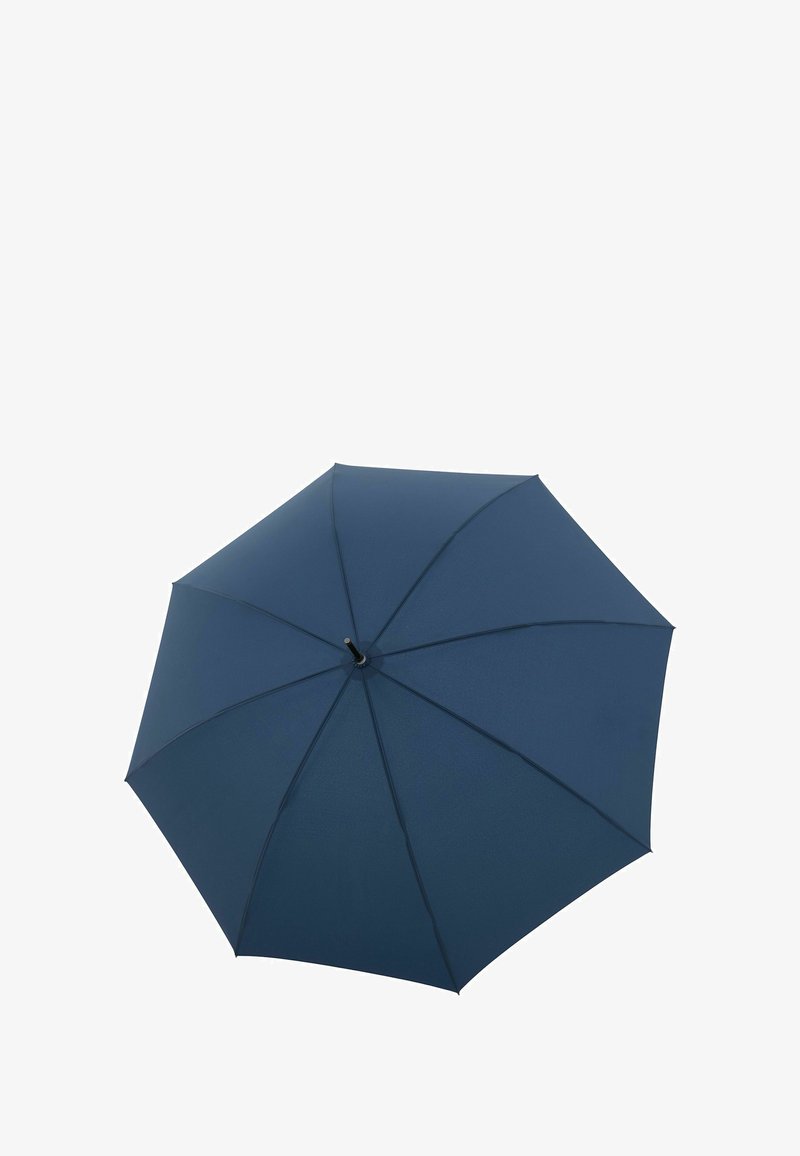 Ombrello blu navy con una copertura in tessuto liscio, otto stecche e un manico nero. Il design è simmetrico senza motivi visibili.