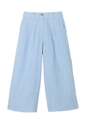Lyseblå brede hørbukser med knapper foran og sidelommer, designet til en afslappet og uformel pasform.
