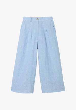Lyseblå brede hørbukser med knapper foran og sidelommer, designet til en afslappet og uformel pasform.