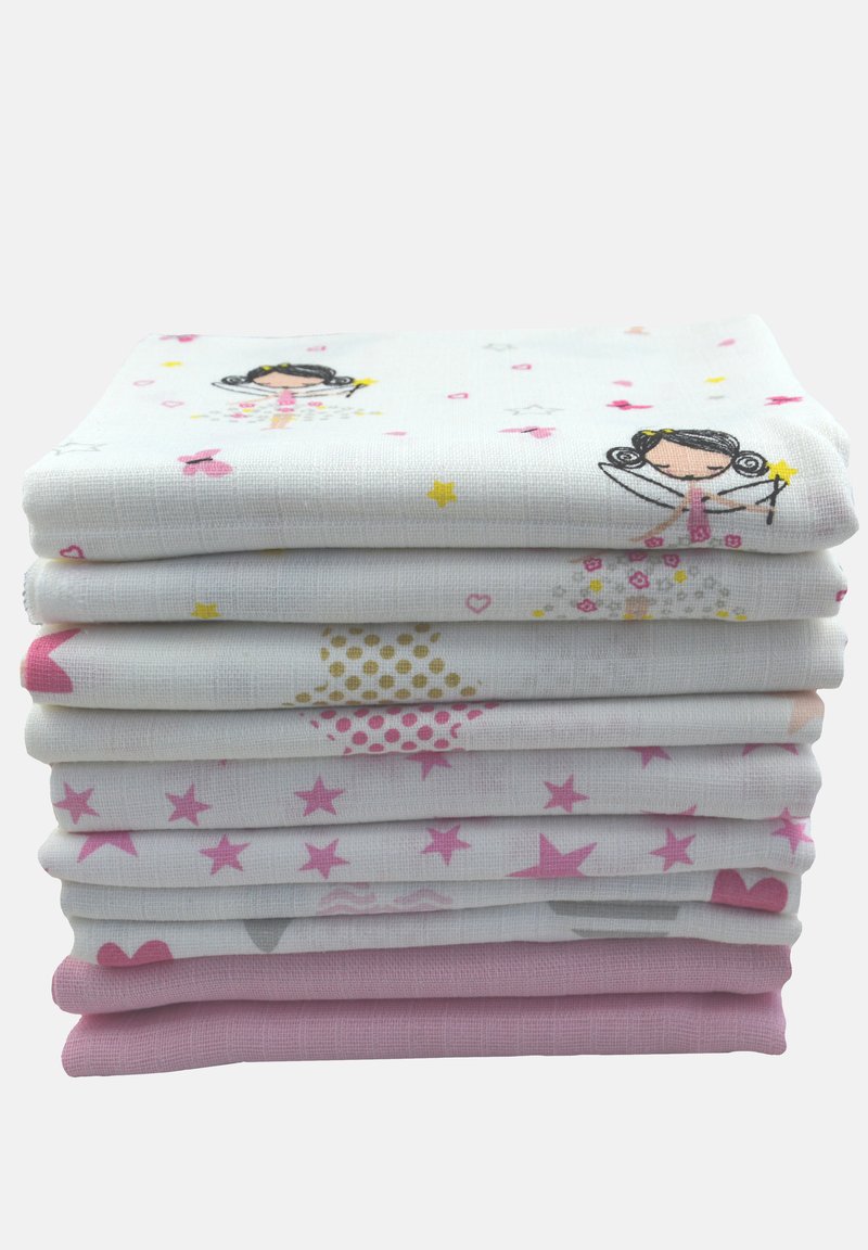 Paños de muselina de algodón apilados, con diversos patrones que incluyen figuras impresas, estrellas y corazones en colores rosa, blanco y dorado.