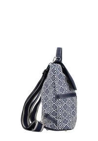Navy blue and cream patterned fabric bag with geometric design, featuring a shoulder strap, front pocket, and leather accents.
