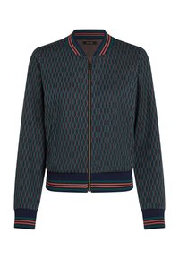 Bomberjacke mit dunkelgrünem und marineblauem Wabenmuster, marineblauem geripptem Kragen, Bündchen und Saum mit roten und grünen Streifen sowie einem vorderen Reißverschluss.