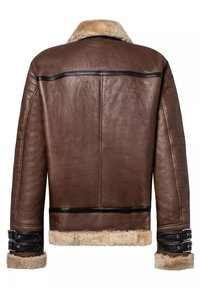 Braune Lederjacke mit einem Kunstfellkragen und -ärmeln, gesteppten Schulterdetails und schwarzen Lederakzenten an den Ärmeln und dem Saum.