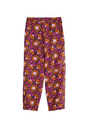 Patterned trousers featuring an orange and pink floral design on a dark background, made from lightweight fabric with a relaxed fit.