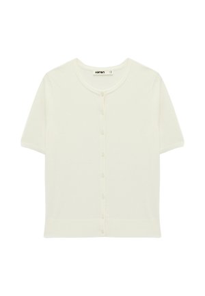 Kurzarm-Cardigan in Creme mit rundem Ausschnitt und Frontknöpfen, aus leichtem Strickstoff gefertigt.