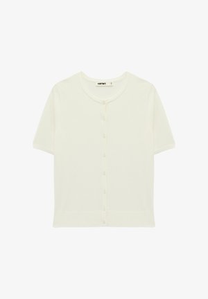 Cárdigan de manga corta color crema con cuello redondo y botones frontales, hecho de tejido de punto ligero.