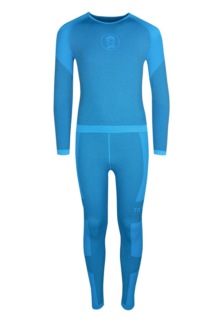 Blue thermal base layer set with long sleeves and full-length legs. Features textured panels and a round neckline. Lightweight, flexible fabric.