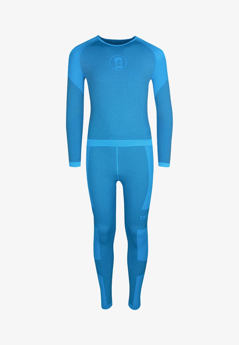 Blue thermal base layer set with long sleeves and full-length legs. Features textured panels and a round neckline. Lightweight, flexible fabric.