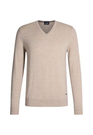 Beige v-hals trui met lange mouwen, gemaakt van een zachte gebreide stof. Heeft een ribbelrand en ribbelmanchetten, met een klein logo-detail aan de onderkant.