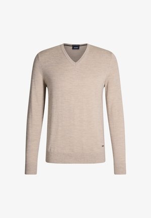 Beige v-hals trui met lange mouwen, gemaakt van een zachte gebreide stof. Heeft een ribbelrand en ribbelmanchetten, met een klein logo-detail aan de onderkant.