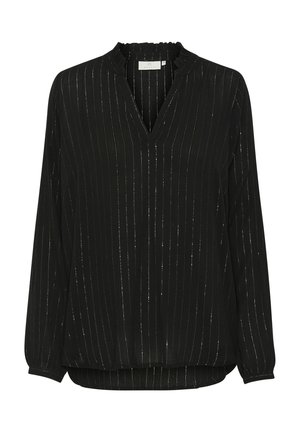 Black blouse with a ruffled neckline, V-neck, long sleeves, and vertical silver stripes. Made of lightweight fabric with a relaxed fit.