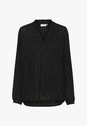 Black blouse with a ruffled neckline, V-neck, long sleeves, and vertical silver stripes. Made of lightweight fabric with a relaxed fit.
