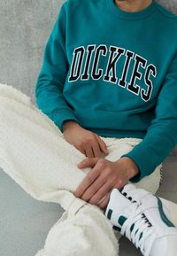 Sweatshirt teal avec le logo "DICKIES" en broderie noire. Pantalons blancs texturés. Baskets avec des accents teal. Mains reposant sur les jambes.
