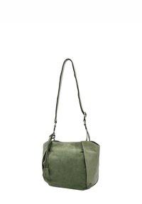 Borsa a spalla in pelle verde con una sola tracolla regolabile, dettaglio con nappina e texture liscia. Forma arrotondata con chiusura a zip.