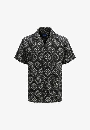 Camicia a maniche corte nera con motivo floreale bianco. Tessuto leggero, design con colletto e chiusura a bottone frontalmente.