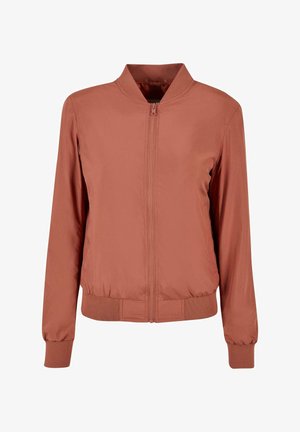 Rust-colored bomber jacket made of smooth fabric. Features a front zip, ribbed cuffs, and a stand-up collar. Lightweight with a tapered fit.