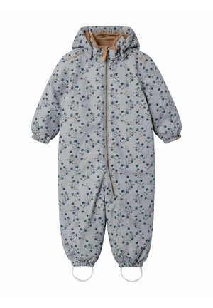 Combinaison de neige gris clair pour tout-petit avec motif floral bleu, capuche, fermeture éclair frontale intégrale, poignets élastiques et sangles aux pieds pour un maintien sécurisé.