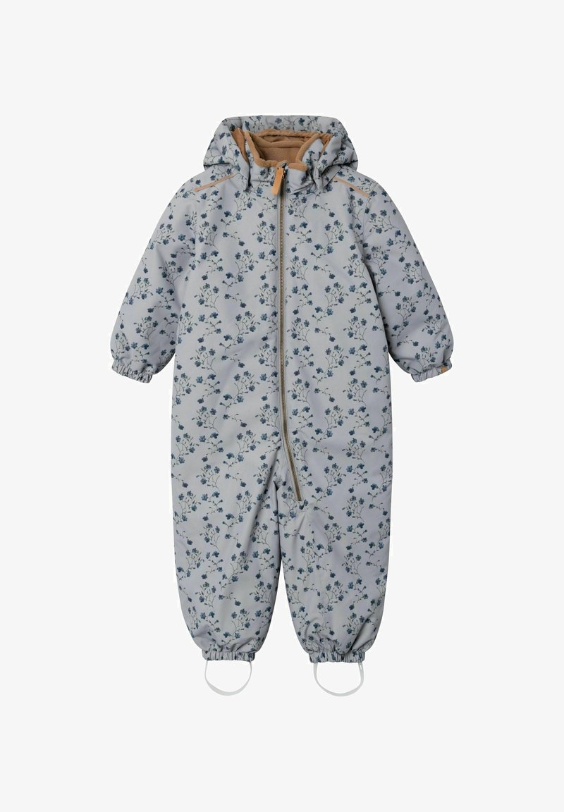Combinaison de neige gris clair pour tout-petit avec motif floral bleu, capuche, fermeture éclair frontale intégrale, poignets élastiques et sangles aux pieds pour un maintien sécurisé.