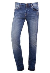 Slim-fit modré denimové džíny s lehkým opotřebením, tradiční pět kapsový design a kontrastní prošití podél švů.